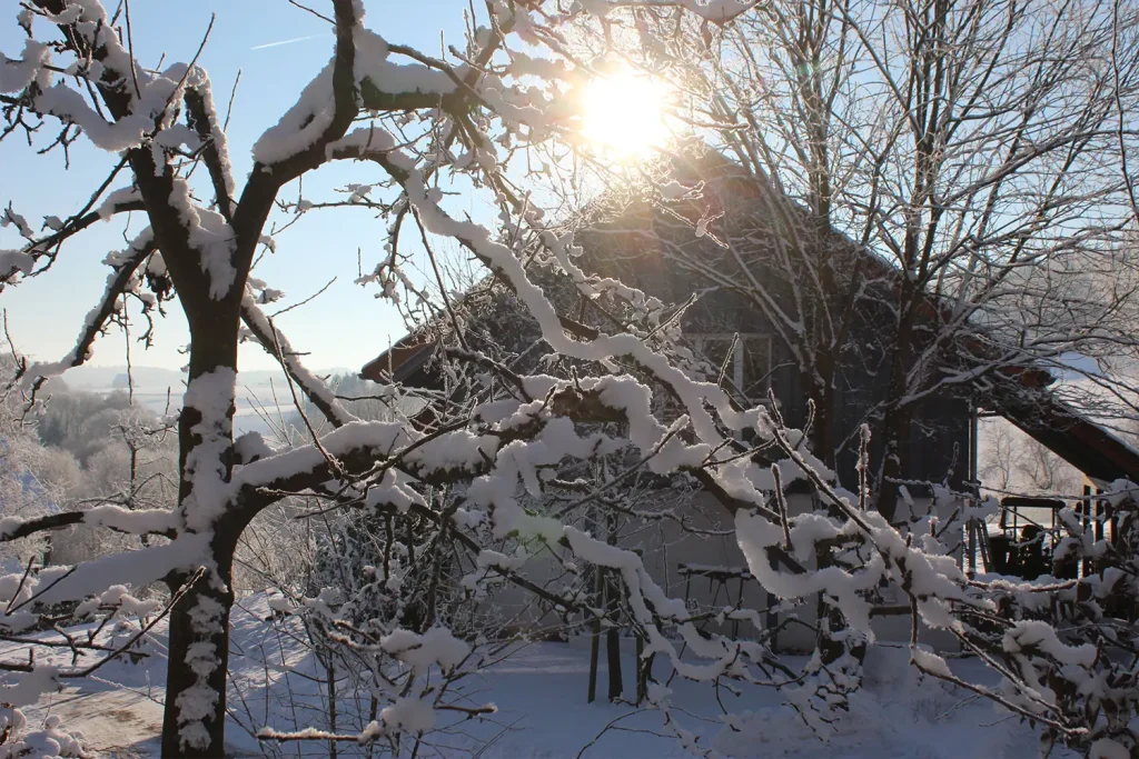 verschneites Ferienhaus im Winter