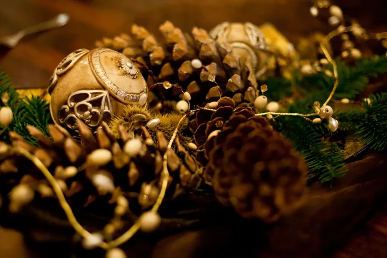 weihnachtliche Dokoration mit Kiefernzapfen und Tannenbaumkugel