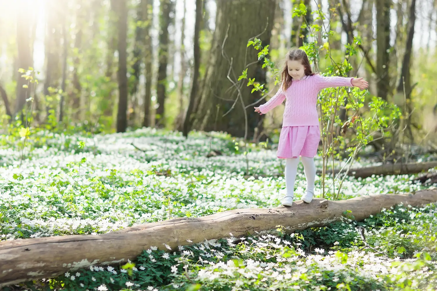 Ein Mädchen balanciert auf einem Baumstamm im Wald