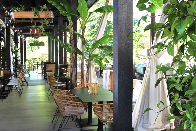 überdachte Terrasse in einem Restaurant mit rustikalen Sitzmöbeln und exotischen Pflanzen