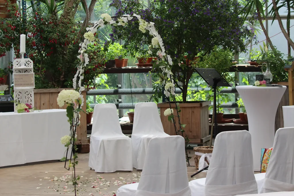 Stühle mit weißen Stuhlhussen in einem Gewächshaus, die für eine Trauungszeremonie aufgestellt sind