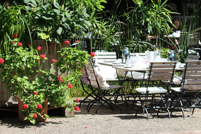 eingedeckter Kaffeetisch im Grünen