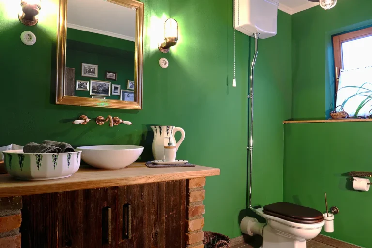 Ein Toilettenraum mit grüner Wand und im rustikalen Dekor