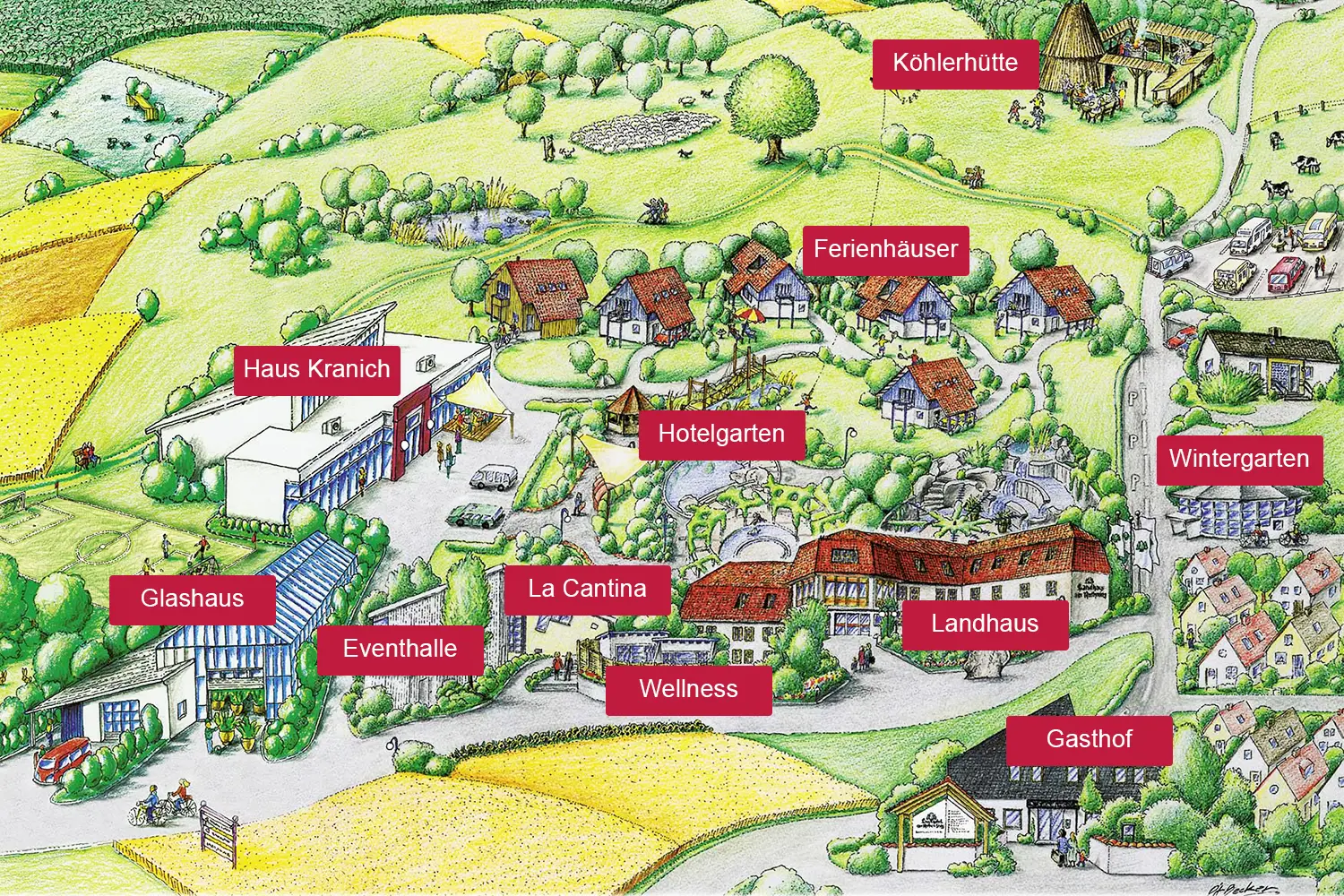 Handgemalte Karte vom Hotelresort, auf der verschiedene Gebäude und Wege abgebildet sind