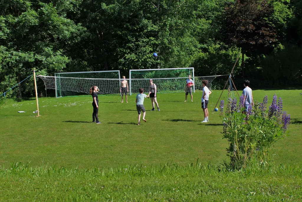 Eine Gruppe spielt Volleyball auf einem Rasenplatz