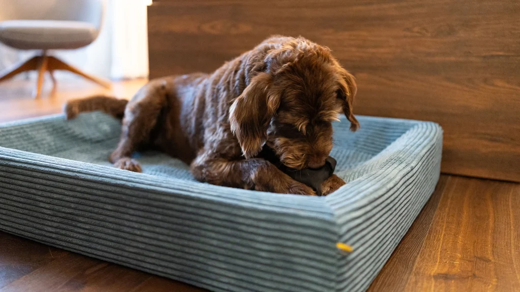 Ein Hund in einem Körbchen, der an einer Stofftasche schnuppert